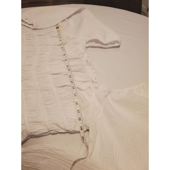 Slub Cotton White Cropped Peasant Top Balloon Sleeve Sz L - Picture 5 of 6